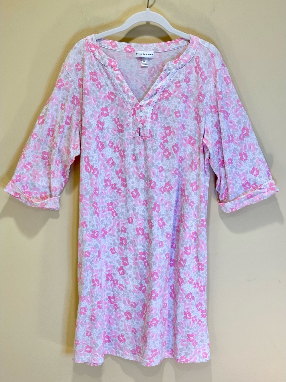NWOT Miss Elaine Pink Floral Knit Nightgown Cotton Rayon Size XL